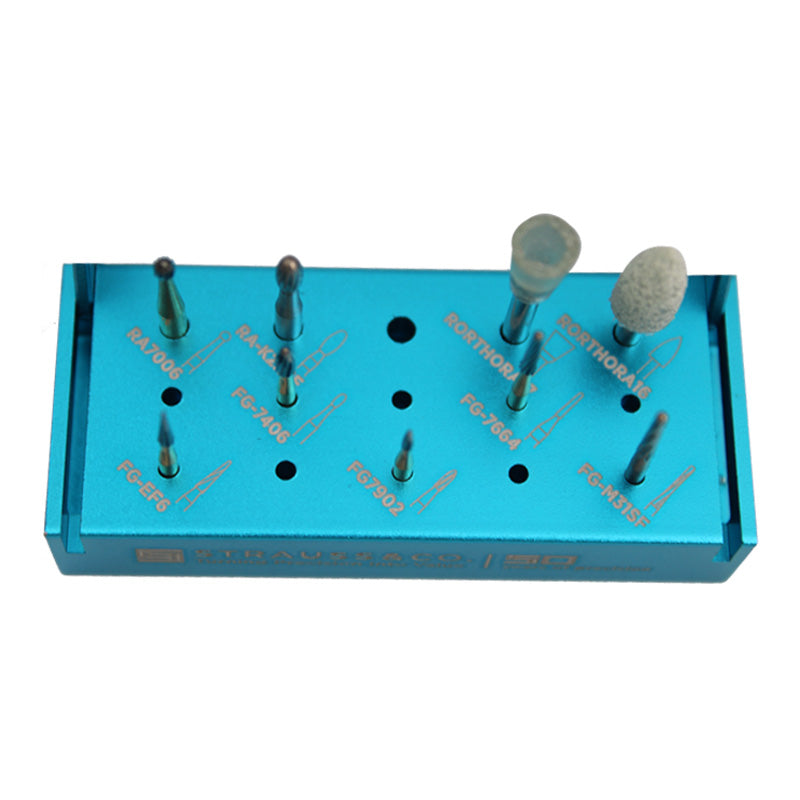 Strauss & Co orthodontic bond removal and debonding kit with burs for IPR procedures, shown in the image.