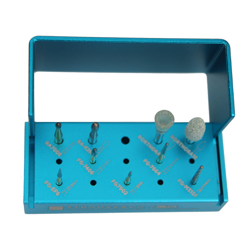 Strauss & Co orthodontic bond removal burs and IPR kit for debonding and enamel contouring in dental procedures.