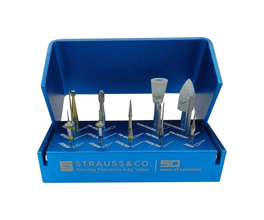 Strauss & Co orthodontic burs IPR kit with 14 dental burs for orthodontic procedures, shown in a close-up image.