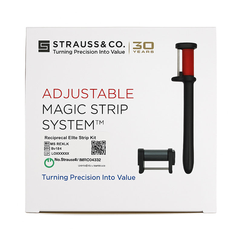 Strauss & Co Reciprocal Magic Strips Kit, burs and IPR tools for dental procedures, displayed on a clean workspace.