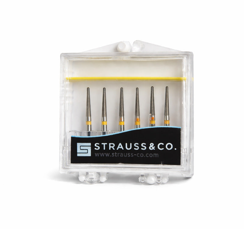 Set of six Strauss & Co Round End Taper 016 Super Fine burs for dental IPR procedures, featuring a precise, tapered design.