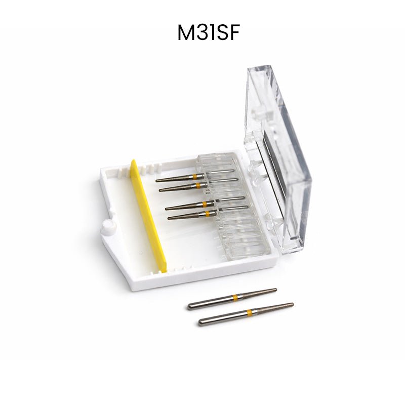 Strauss & Co Round End Taper 016 Super Fine burs, set of 6, for precision dental work, featuring tapered design and fine grit.
