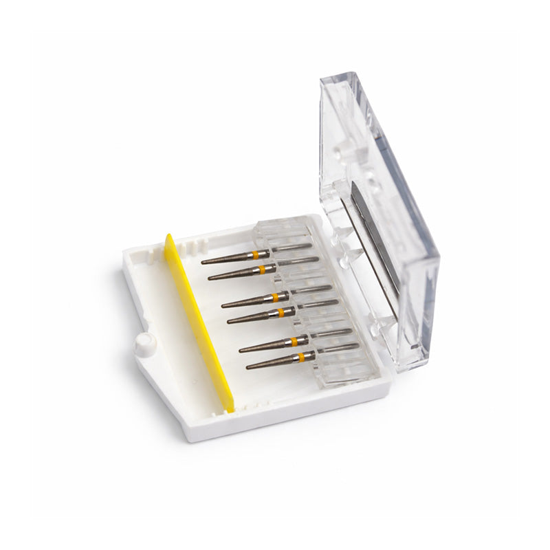 Set of six Strauss & Co Round End Taper 016 Super Fine IPR burs, precision dental finishing and polishing tools.