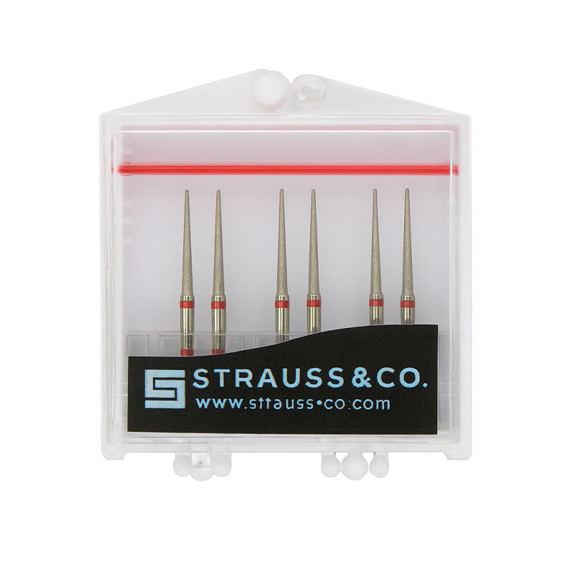 Strauss & Co FG Diamond Burs Needle 012, fine IPR burs, 6-pack, shown with close-up of needle tips for dental or precision work.