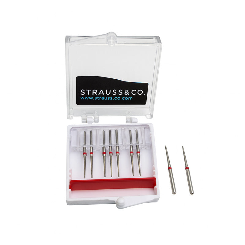 Strauss & Co FG Diamond Burs Needle 012, fine IPR burs, 6-pack, with detailed needle tips for dental procedures.