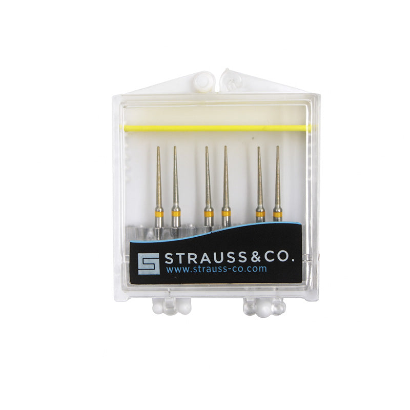 Strauss & Co FG Diamond Burs Needle 012 IPR fine tip, 6-pack, dental burs for precise dental procedures.