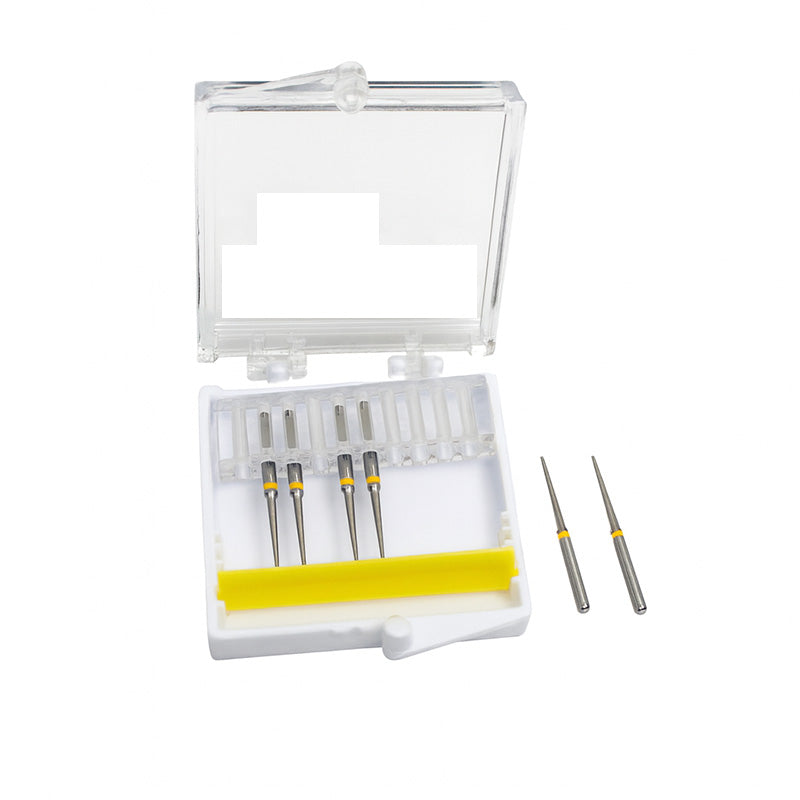 Strauss & Co FG Diamond Burs Needle 012, fine IPR burs, 6-pack, with a close-up of the needle-shaped diamond burs for dental procedures.