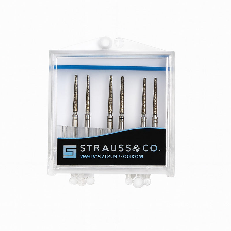Strauss & Co FG Diamond Burs Needle 012, fine IPR burs, 6-pack, used for dental procedures, with close-up of burs in packaging.