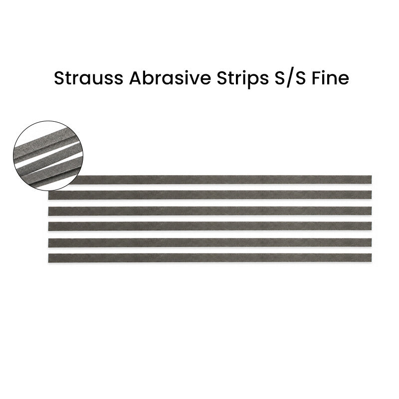 Strauss & Co metal IPR abrasive strips, fine grit, 4x150mm burs for precision dental procedures.