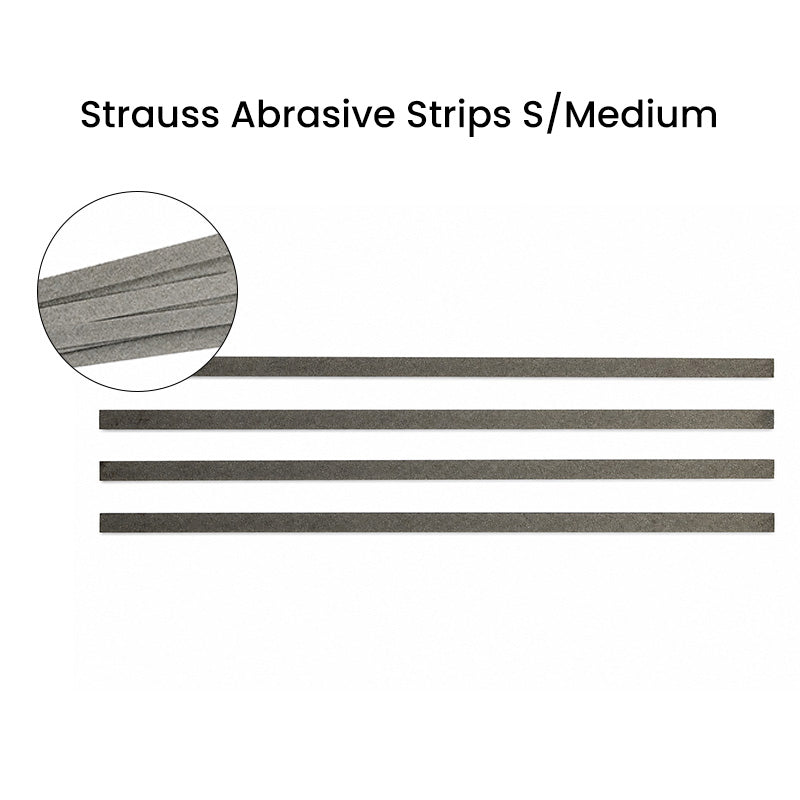 Strauss & Co metal IPR abrasive strips burs, fine grit, 4x150mm, used for precise dental or industrial material removal.