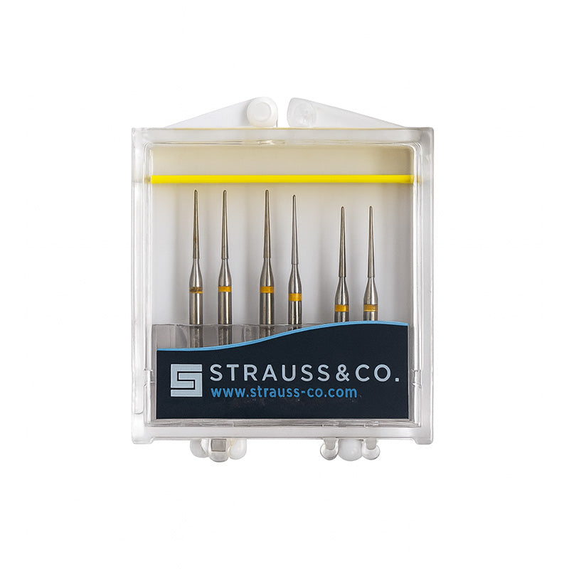 Strauss & Co FG Diamond Burs Needle Z12SF super-fine IPR burs, 6-pack, close-up of needle-shaped dental burs for precise grinding.