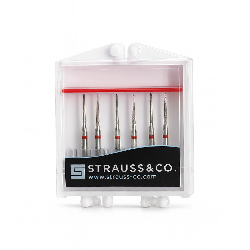 Strauss & Co FG Diamond Burs Needle 010 Z12 for dental IPR, super-fine needle, 6-pack, ideal for precise dental procedures.