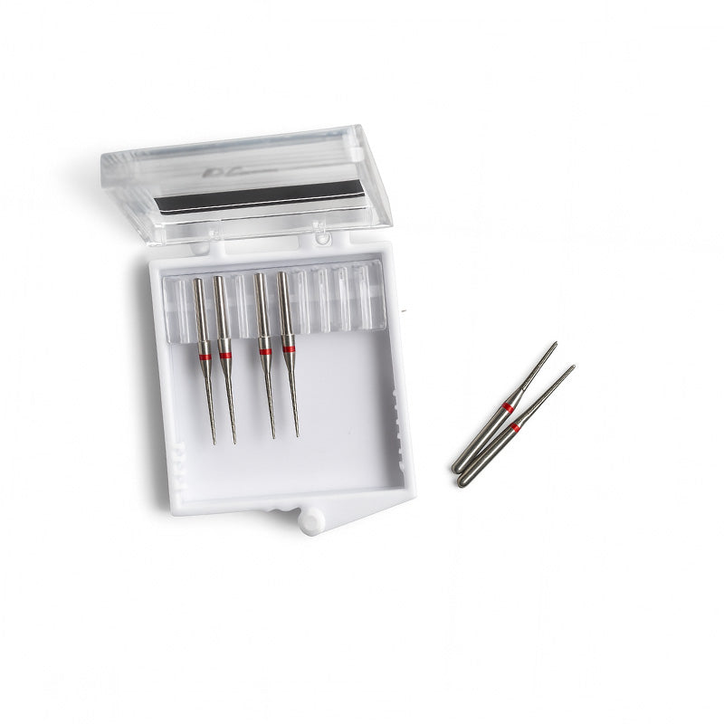 Strauss & Co FG Diamond Burs Needle Z12, super-fine IPR burs, 6-pack, for precise dental procedures, showing needle tips and burs in packaging.