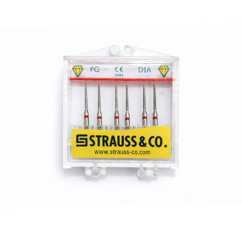 Strauss & Co FG Diamond Burs Round End Taper 010, coarse diamond dental burs, set of 6, shown in close-up.