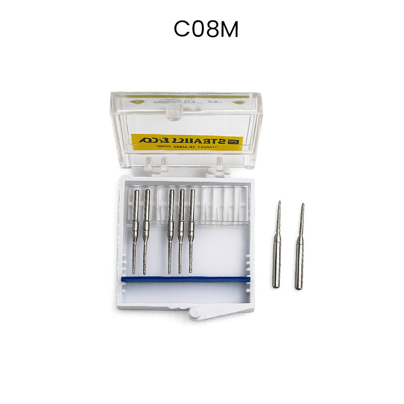 Strauss & Co FG Diamond Burs Round End Taper 010, coarse, in a 6-pack, used for precision grinding and shaping dental or jewelry work.