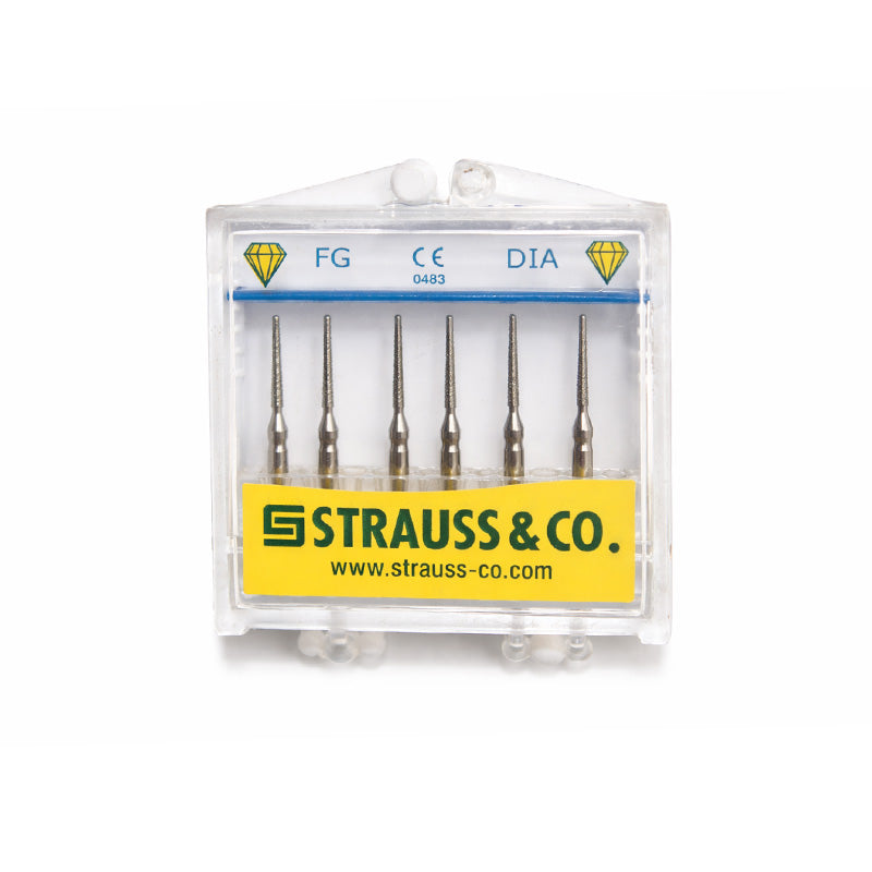 Strauss & Co FG Diamond Burs Round End Taper 010, coarse, 6-pack, dental rotary burs for precise cutting and shaping.