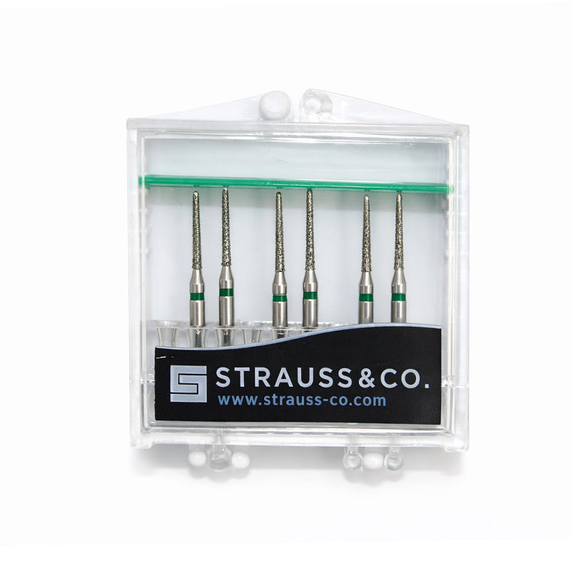 Strauss & Co FG Diamond Burs Round End Taper 010, coarse, set of 6, dental burs for precision grinding and shaping.