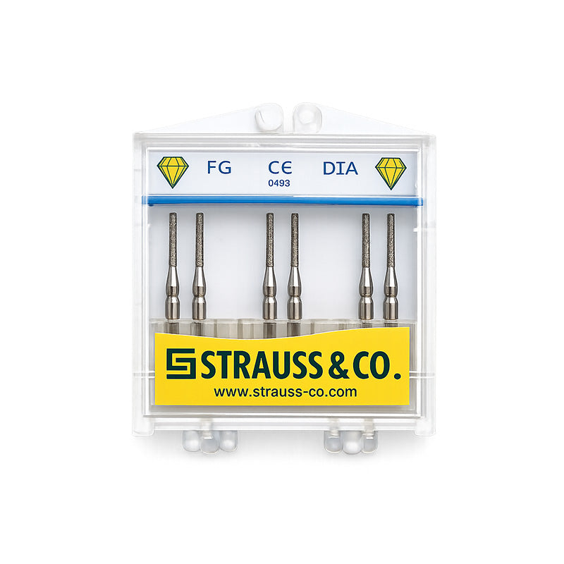 Strauss & Co FG Diamond Burs Cylinder Rounded Shoulder 010, coarse grit, set of 6 for dental or rotary tools.