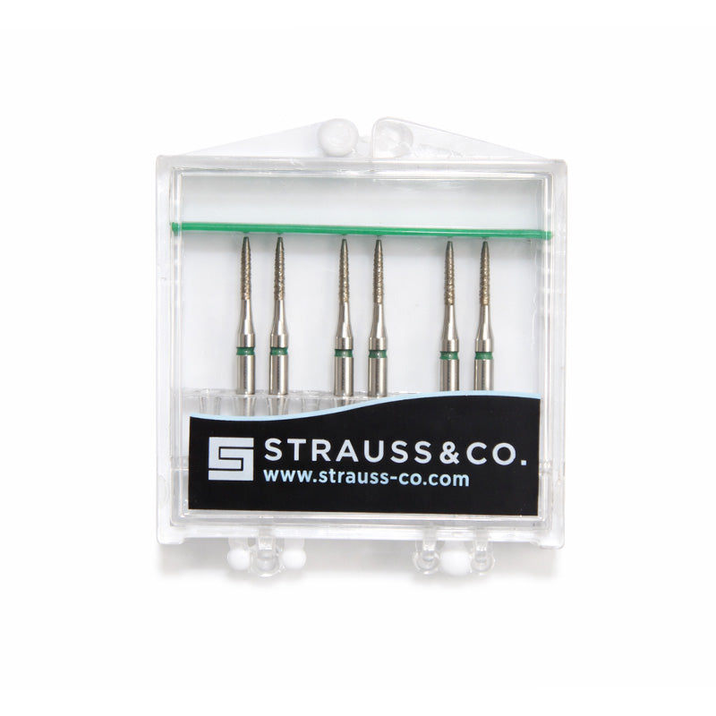 Strauss & Co FG Diamond Burs Cylinder Rounded Shoulder 010, coarse grit, set of six dental burs for precise grinding and shaping.
