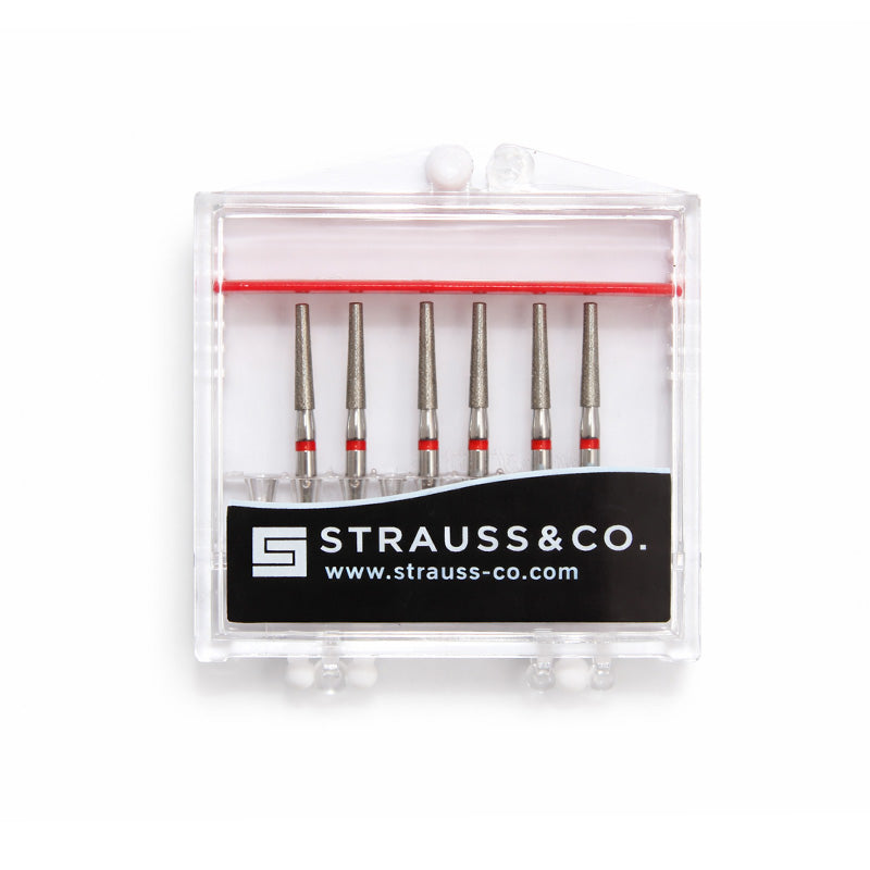 Strauss & Co FG Diamond Burs Flat End Taper 016, coarse, dental burs, set of 6 with durable diamond tips for precise cutting.