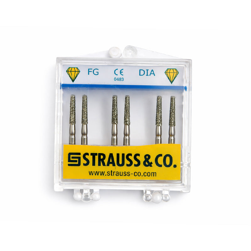 Strauss & Co FG Diamond Burs Flat End Taper 016, coarse diamond burs, set of 6 for precise dental or industrial grinding.