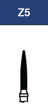 Set of six Strauss & Co FG Diamond Burs Flame 013, coarse Z5, shown in a close-up for dental or precision grinding use.