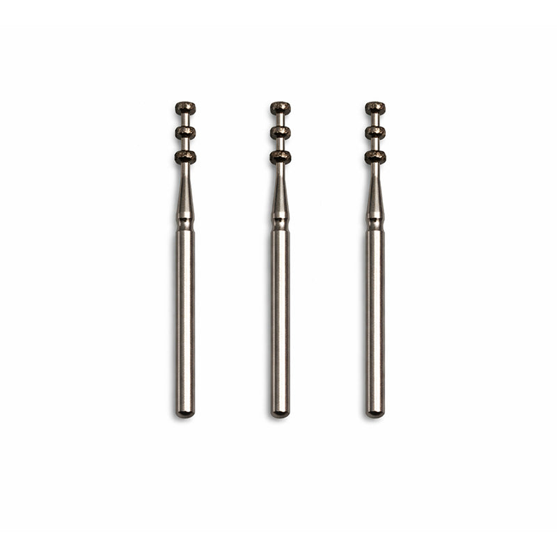 Strauss & Co FG Diamond Burs Depth Cutting Medium 019, 3-pack, shown with close-up of the medium-cutting diamond burs.