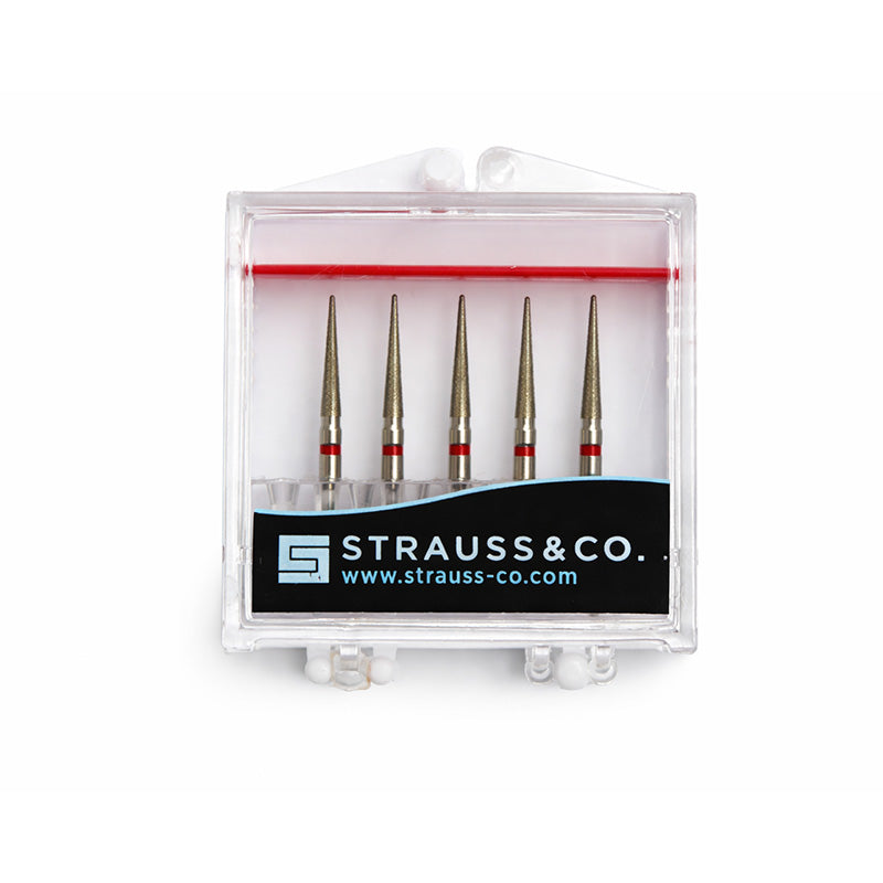 Strauss & Co FG Diamond Burs Needle 016, fine grit, 6-pack, for precision dental drilling and shaping.