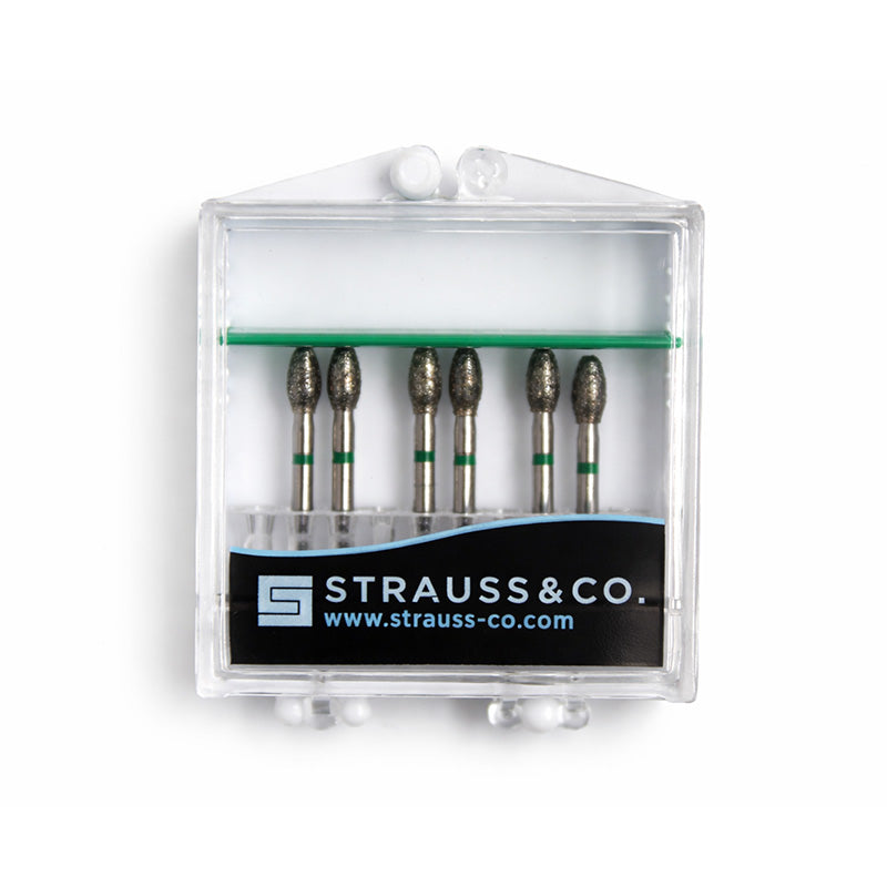 Strauss & Co FG Diamond Burs Egg/Football 023 set of 6 for precise grinding and shaping in dental or jewelry work.