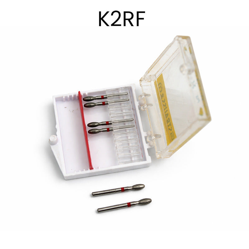 Set of Strauss & Co FG Diamond Burs in egg/football shape, fine grit, 6-piece pack for dental or jewelry polishing and shaping.