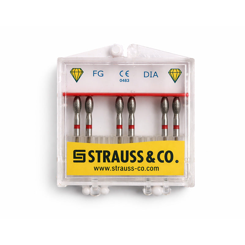 Set of six Strauss & Co FG Diamond Burs Egg and Football Shape for precise dental grinding and polishing.