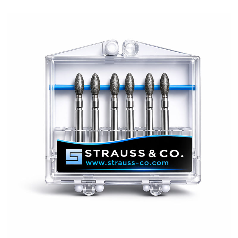 Set of Strauss & Co FG Diamond Burs Egg and Football shapes, fine grit, 6-piece pack for dental or precision grinding.