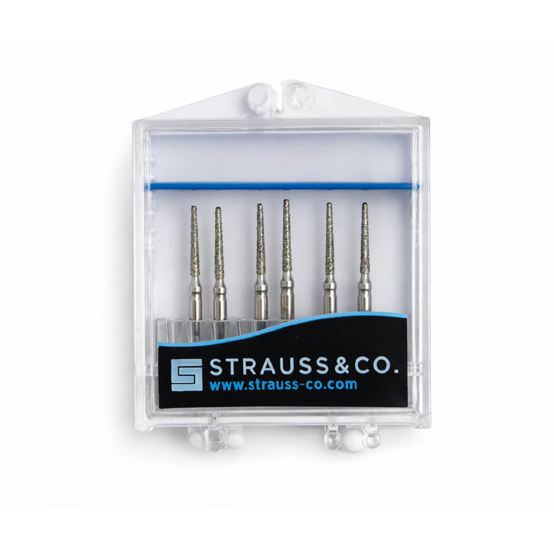 Strauss & Co FG Diamond Burs Round End Taper 012, set of 6, with durable diamond coating for precise dental shaping and grinding.