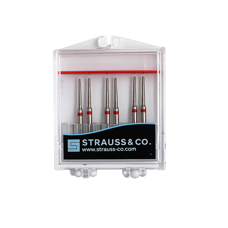 Strauss & Co FG Diamond Burs Round End Taper 012, 6-pack, ideal for precision dental or jewelry grinding and shaping.