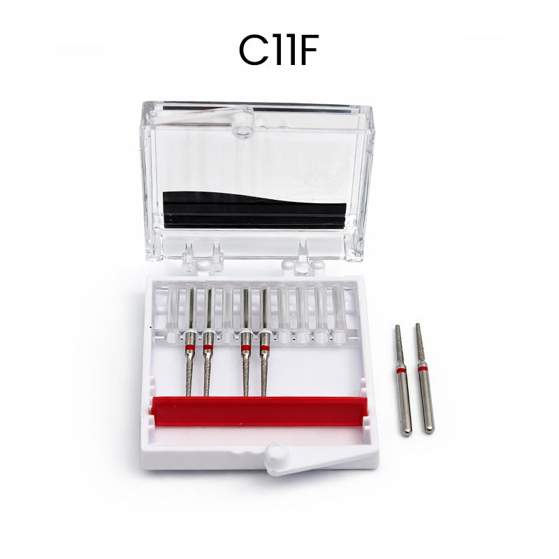 Strauss & Co FG Diamond Burs Round End Taper 012, set of 6, used for precise dental or jewelry grinding and shaping.