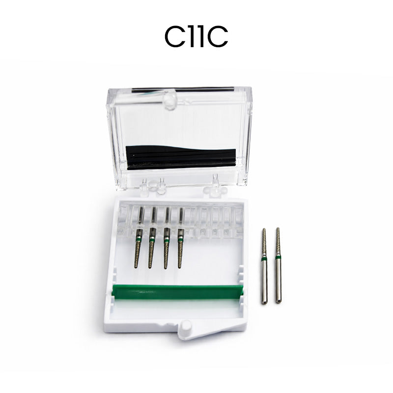 Strauss & Co FG Diamond Burs Round End Taper 012 set of 6, precision dental burs with textured diamond surface for detailed work.