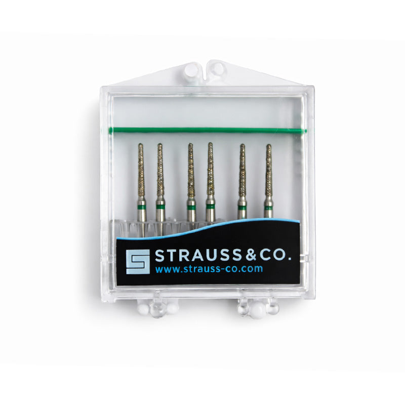 Strauss & Co FG Diamond Burs Round End Taper 012, set of 6, precision dental burs with tapered round tips for detailed work.