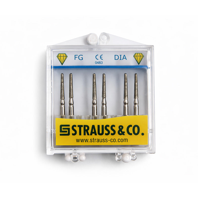 Strauss & Co FG Diamond Burs Round End Taper 014, set of 6, with textured diamond surface for precise grinding and shaping.