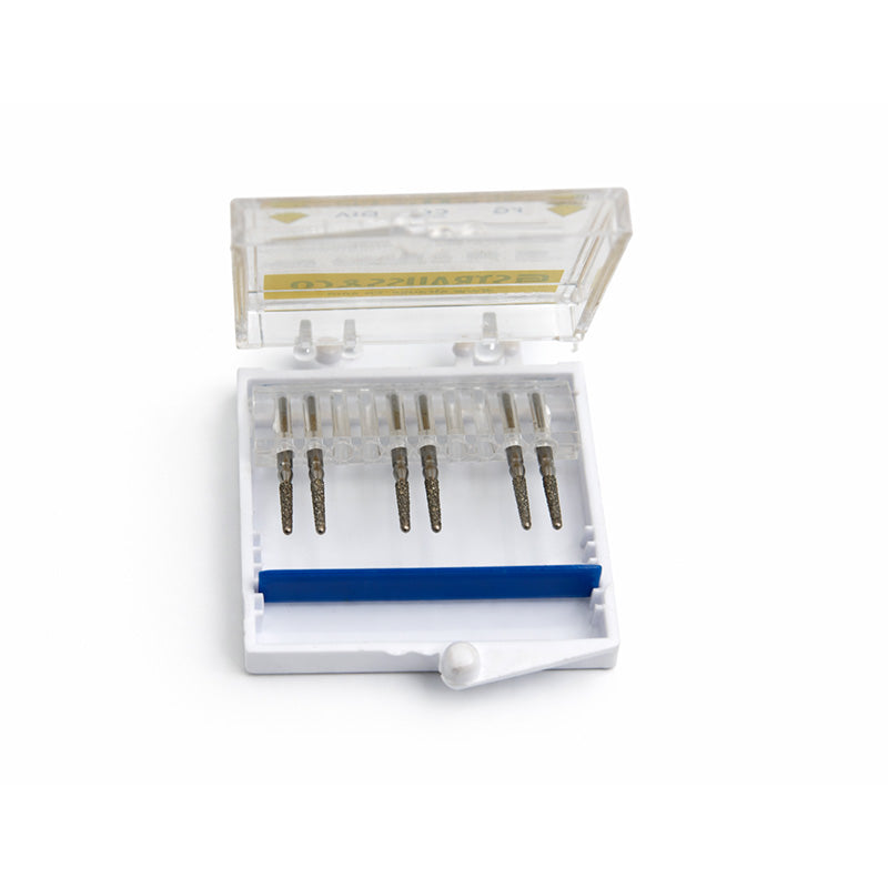 Strauss & Co FG Diamond Burs Round End Taper 014, set of six, for precise dental or grinding applications.