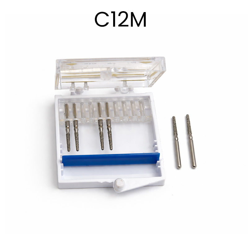 Set of Strauss & Co FG Diamond Burs, round end taper 014, in a pack of six, for precision grinding and shaping.