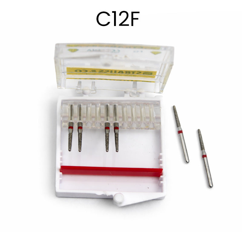 Set of Strauss & Co FG Diamond Burs with round end taper shape, size 014, in a pack of six for precise grinding and shaping.