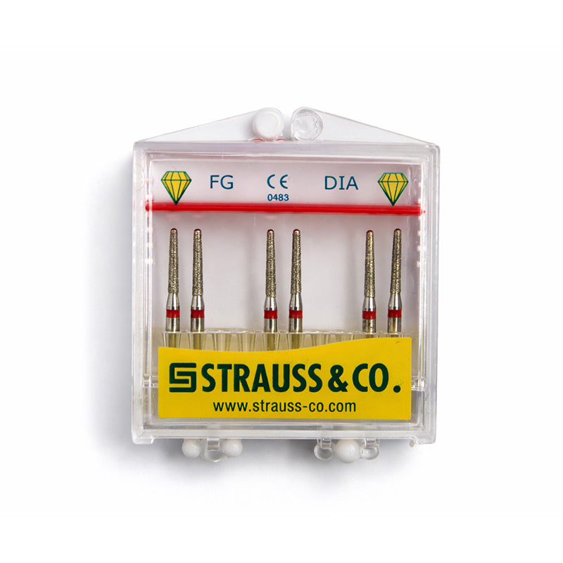Set of 6 Strauss & Co FG Diamond Burs with round end and taper shape, size 014, for precise dental or industrial grinding tasks.