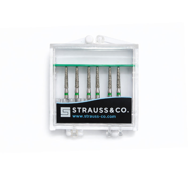 Strauss & Co FG Diamond Burs Round End Taper 014, set of 6, with durable diamond coating for precise grinding and shaping.