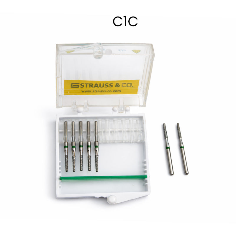 Strauss & Co FG Diamond Burs Round End Taper 014, set of 6, used for precision dental or industrial grinding and shaping.