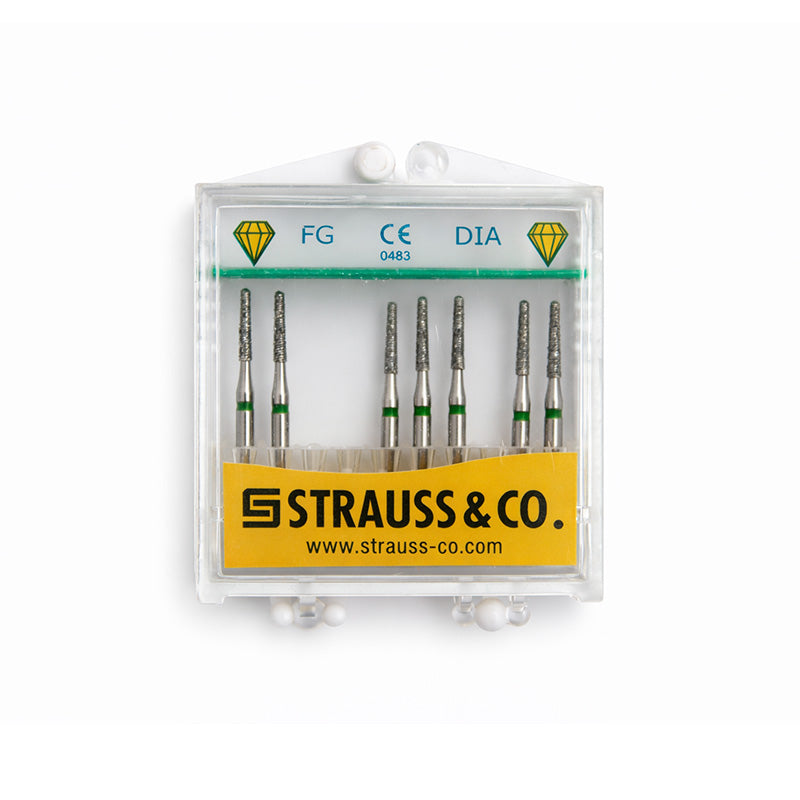Strauss & Co FG Diamond Burs Round End Taper 014, set of 6, with fine diamond grit for precise dental drilling and shaping.