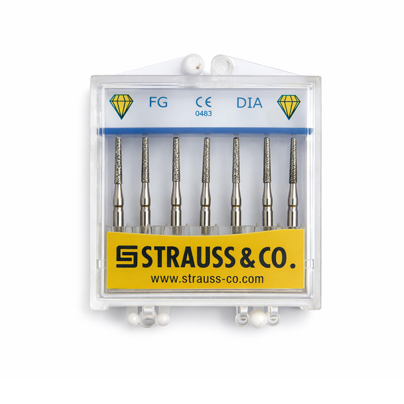 Strauss & Co FG Diamond Burs Round End Taper 014 set of 6, dental burs for precision grinding and shaping.