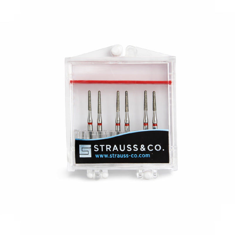 Strauss & Co FG Diamond Burs Round End Taper 014, set of 6, for precision dental or jewelry grinding and shaping.