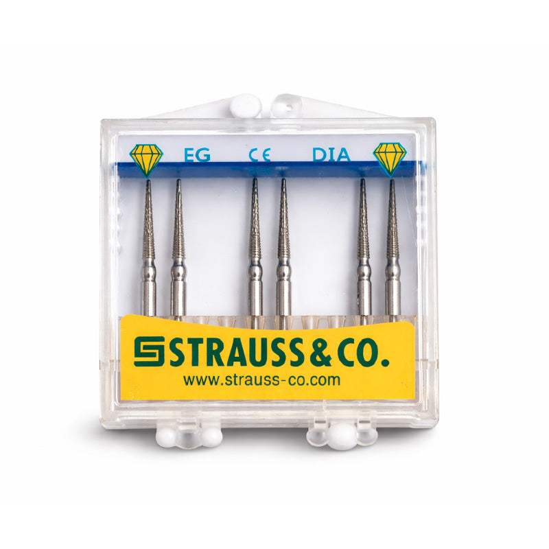 Strauss & Co FG Diamond Burs Needle 014, set of 6 medium-sized dental burs with needle shape for precision grinding and drilling.