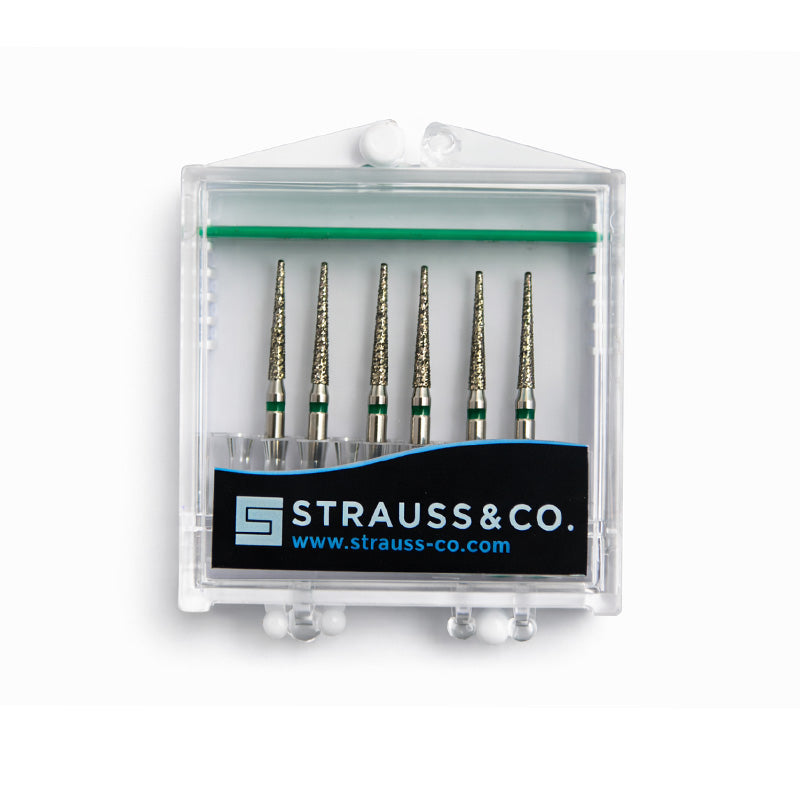 Strauss & Co FG Diamond Burs Needle 014 set of 6, fine rotary dental burs for precision work, shown in close-up.
