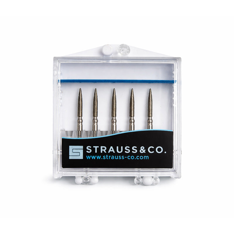 Strauss & Co FG Diamond Burs Flame 012, medium grit, 6-pack, for dental or precision grinding applications.